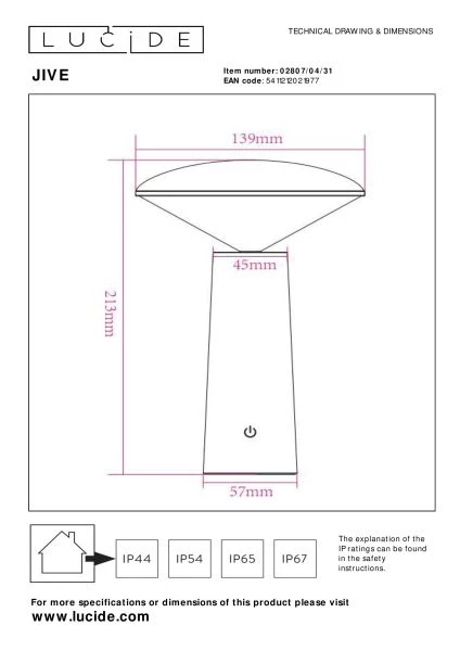 Lucide JIVE - wiederaufladbare Tischlampe Innen/Außen - Akku/Batterie - Ø 13,7 cm - LED Dim. - 1x3W 2800K/6500K - IP44 - 3 StepDim - Weiß - TECHNISCH